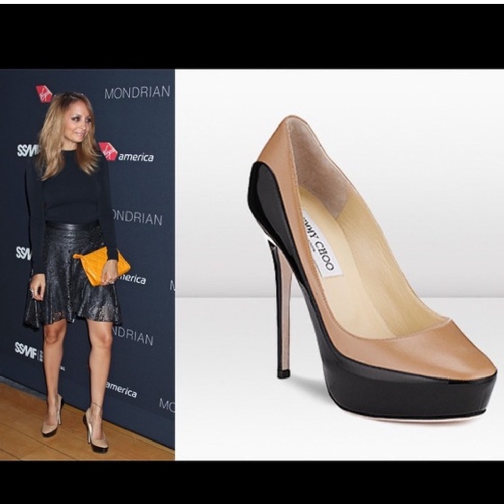 Jimmy Choo Sepia Beige Black Patent Two Toned Pumps Shoes 37 7 Platform